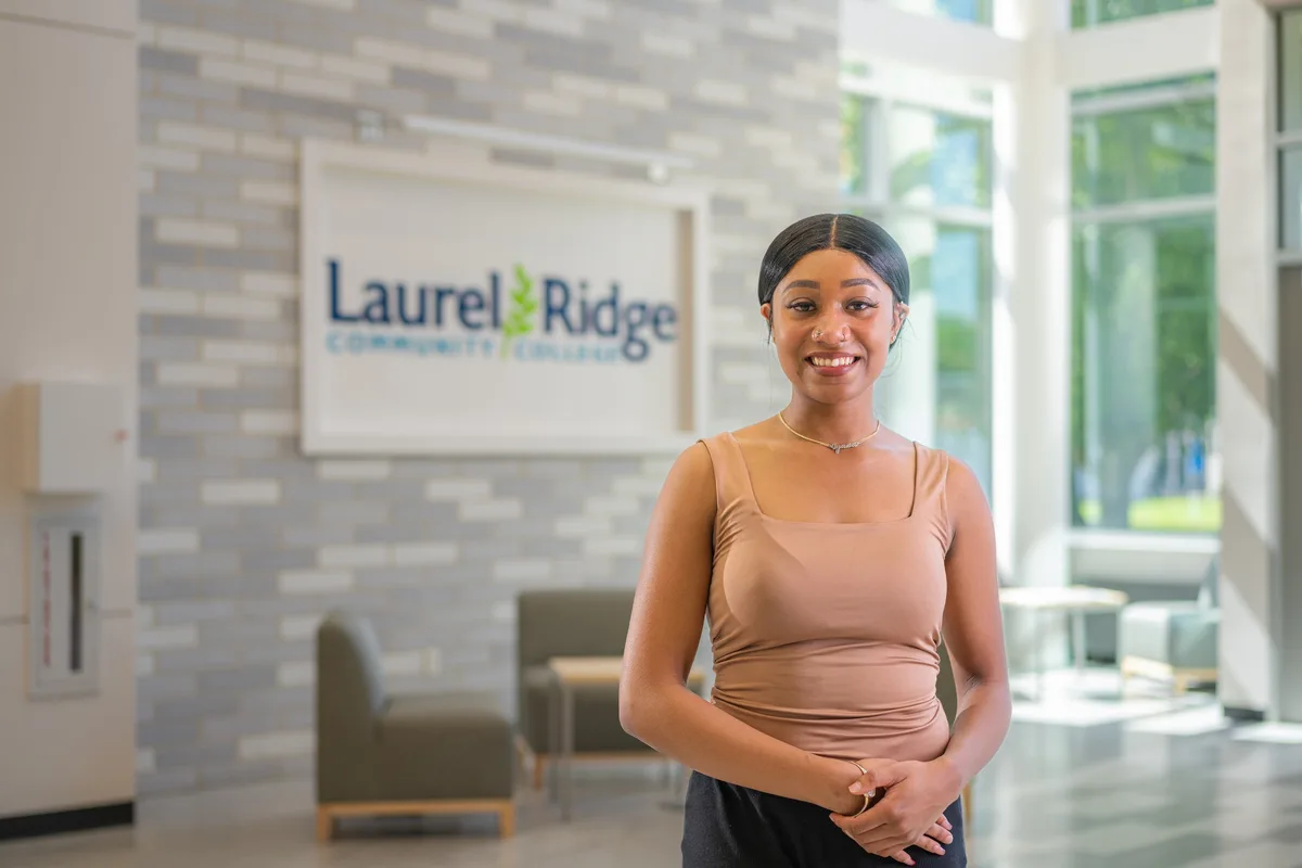 A student in the Laurel Ridge Community College lobby